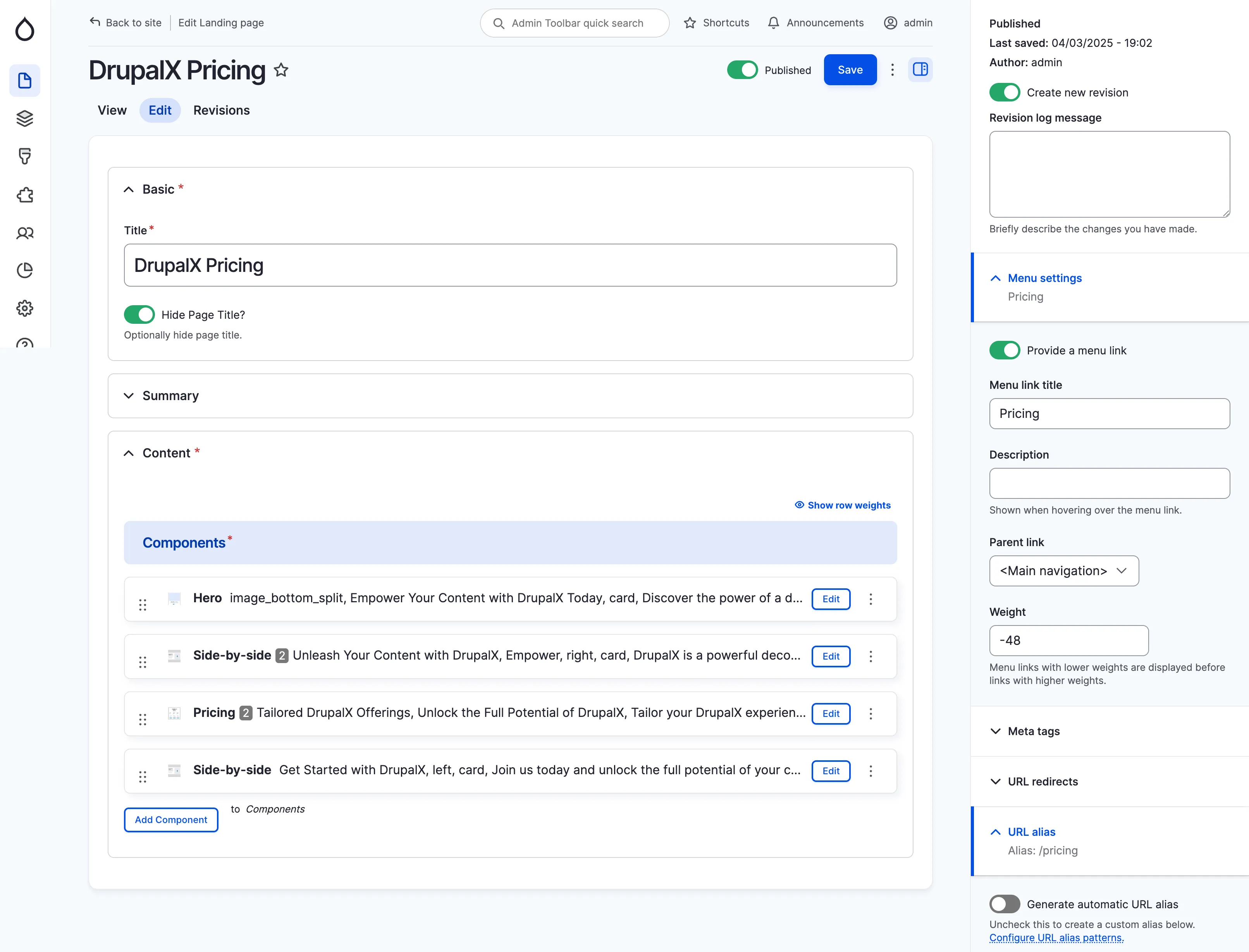 Editing a page as structured components in the CMS